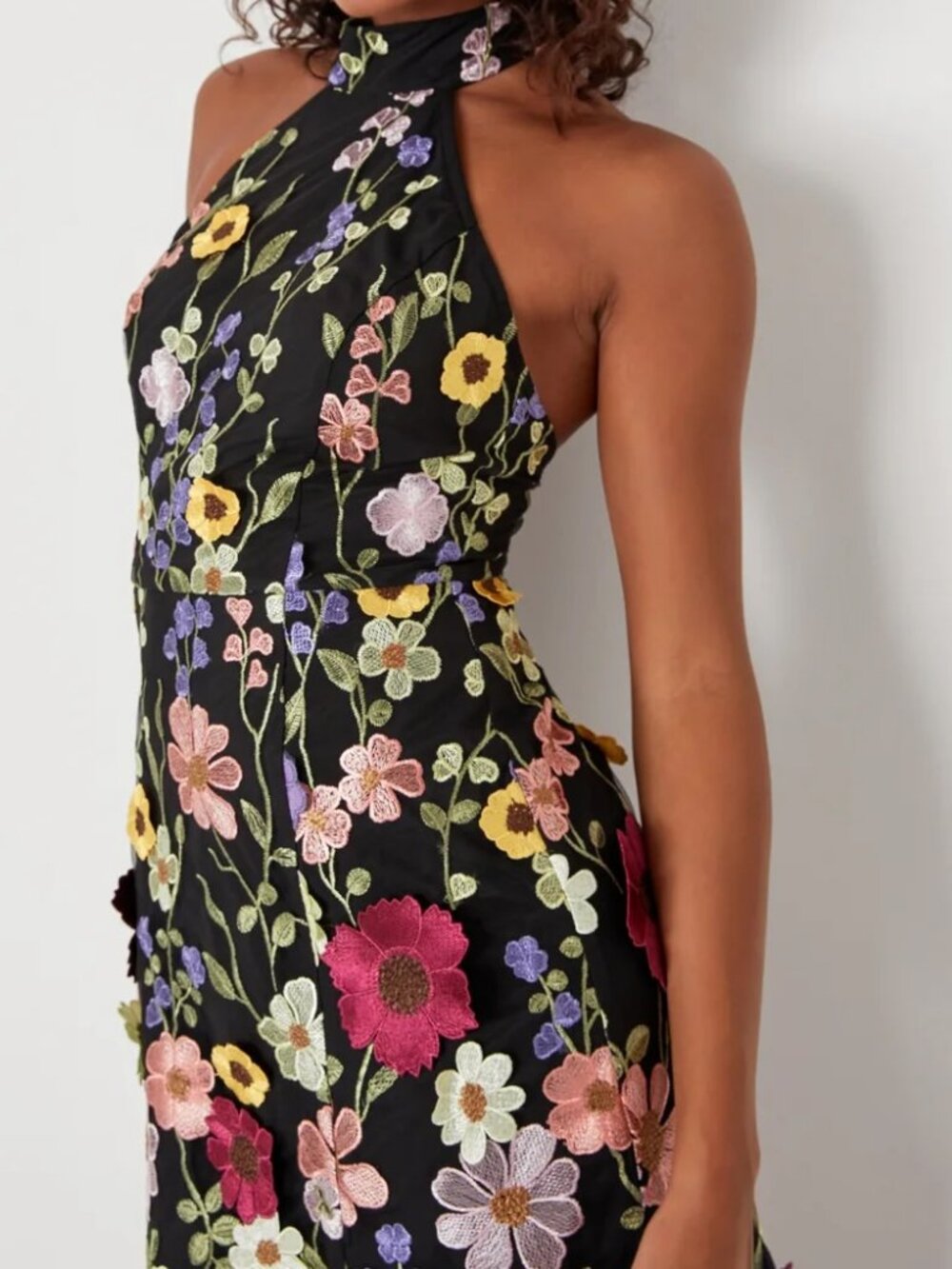 Black 3D Floral Embroidered Halter Midi Dress